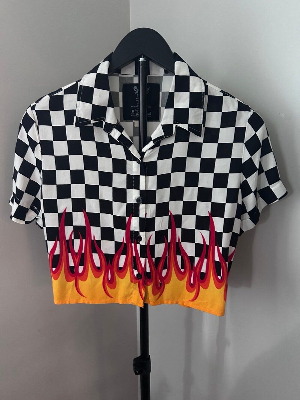 Spencer’s Checkered Flame Cropped Button Up Shirt - Size Small